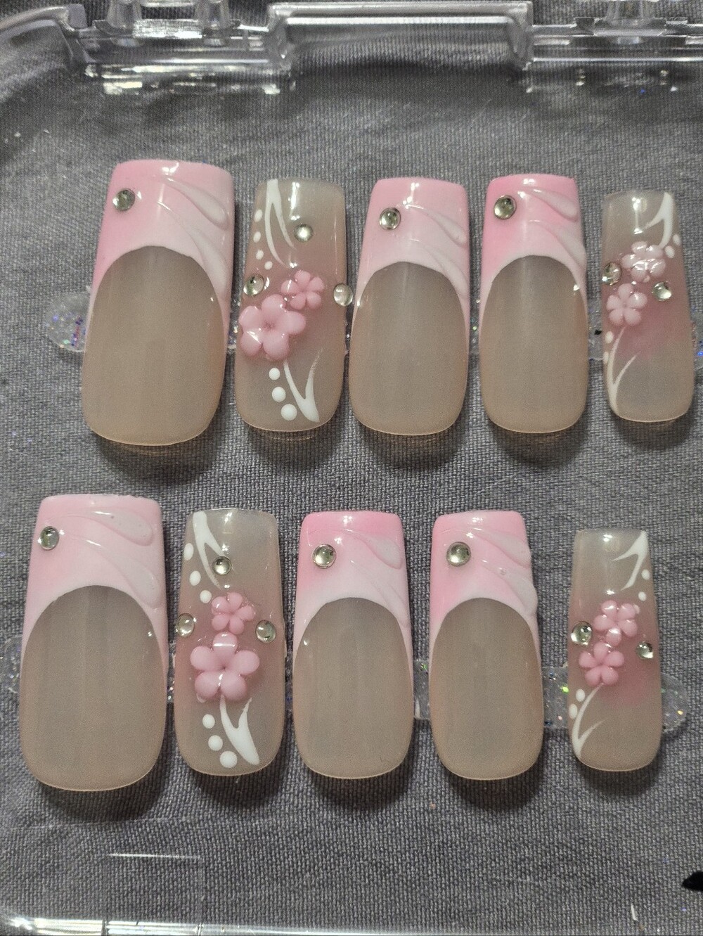 Pink Floral Press-On Nail Set, Medium Length Square Shape
